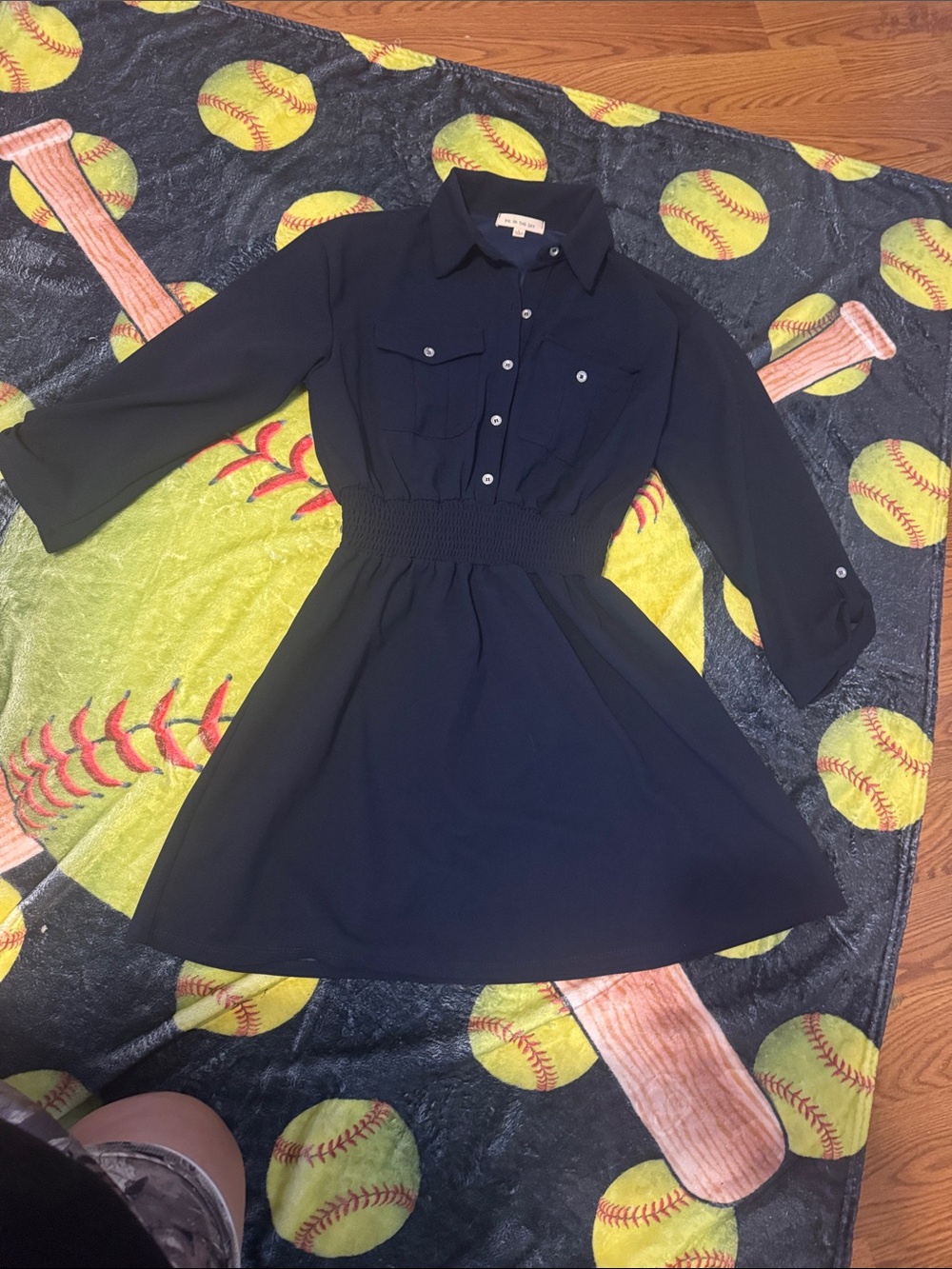 Womens/Juniors Navy Shirtwaist Dress with Smocked Waist
